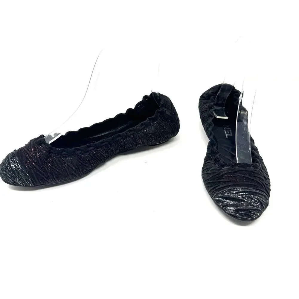 Chanel Black Fabric Ballet Flats with Pink Lurex Thread CC Logo 36.5 Rare Runway